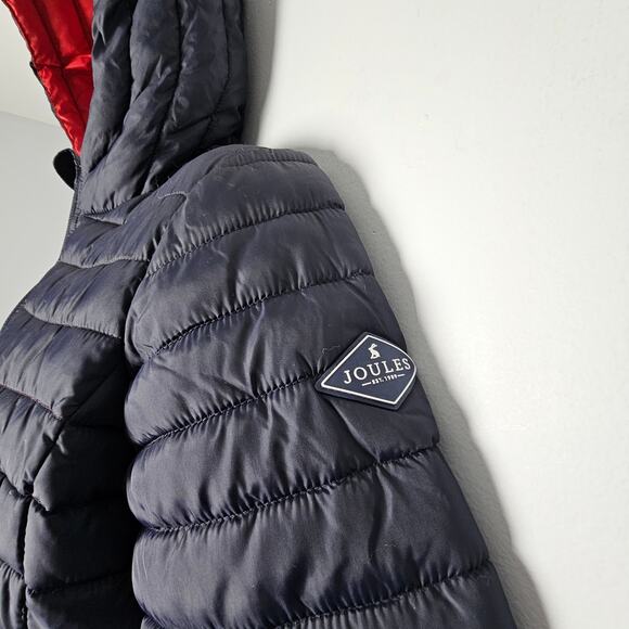 Joules Kids 11-12Y Navy Hooded Puffer Jacket Red Lining Zip Up Coat Lightweight - Picture 2 of 11